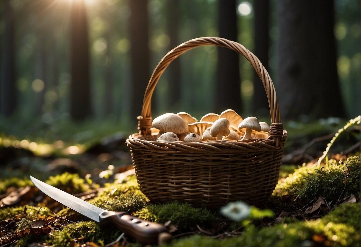 A basket, knife, and mushroom guide lay on the forest floor. The sunlight filters through the trees, casting shadows on the tools