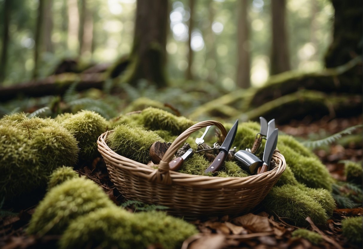 Lush forest floor, dappled sunlight, fallen logs, and moss-covered rocks. A basket, knife, and guidebook lay nearby