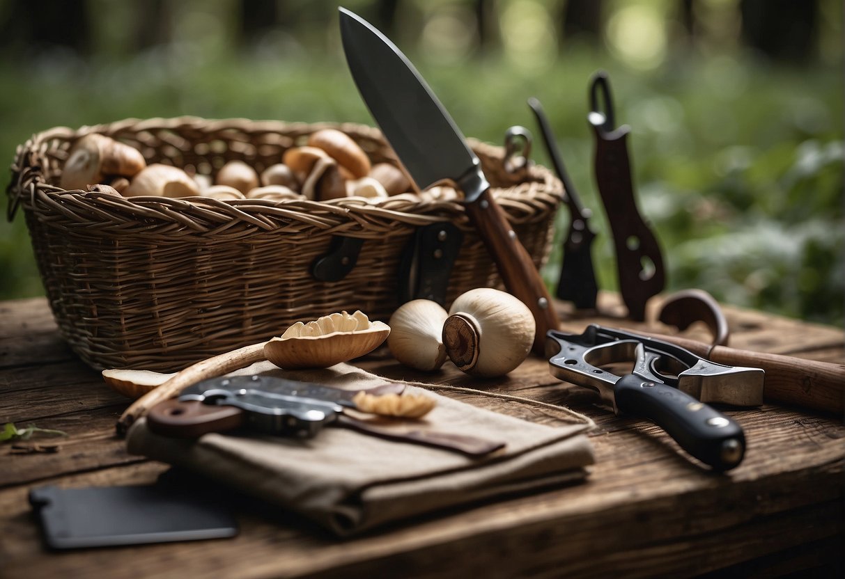 A table with mushroom hunting tools: knife, basket, and field guide. Safety gloves and ethical foraging guidelines posted nearby