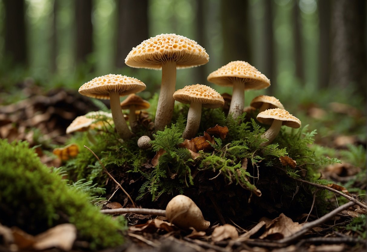 Various mushrooms grow in a Missouri forest: morels, oysters, chanterelles, and puffballs. They sprout from the forest floor, surrounded by fallen leaves and moss