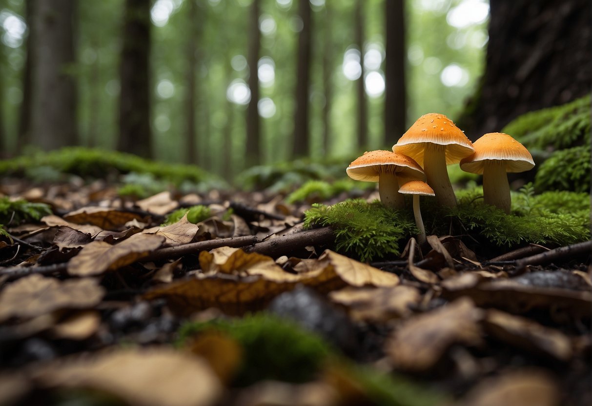 Lush forest floor with diverse mushroom species, varying in size, shape, and color, surrounded by fallen leaves and decaying wood
