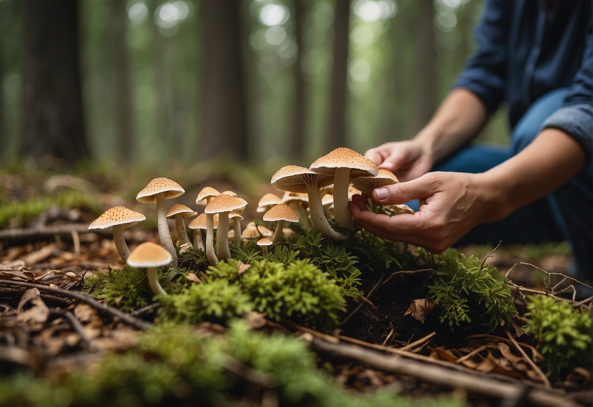 Mushrooms being carefully picked in a Missouri forest, with a focus on diverse species and respectful foraging practices