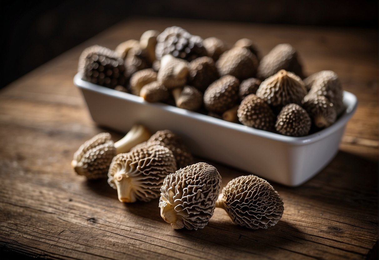 Fresh morel mushrooms arranged on a rustic wooden table with a handwritten price tag