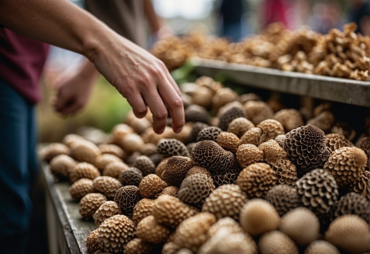 A hand reaches for freshly harvested morel mushrooms, displayed on a market stand, with prices clearly labeled