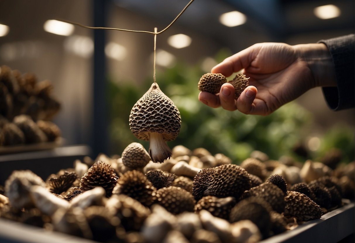 A hand reaches out to select fresh morel mushrooms, while a price tag dangles from the display