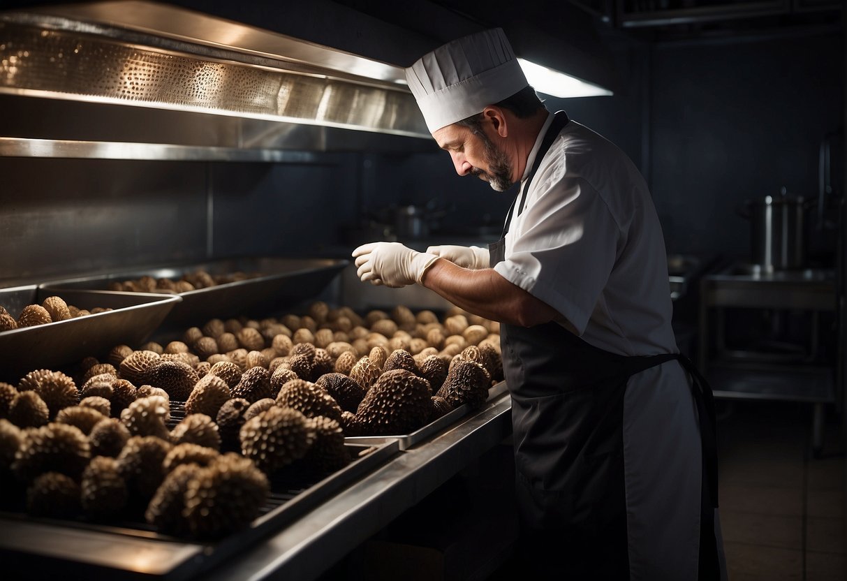 Fresh morel mushrooms are carefully stored in a cool, dark place. A chef prepares them for cooking, carefully inspecting each one for quality