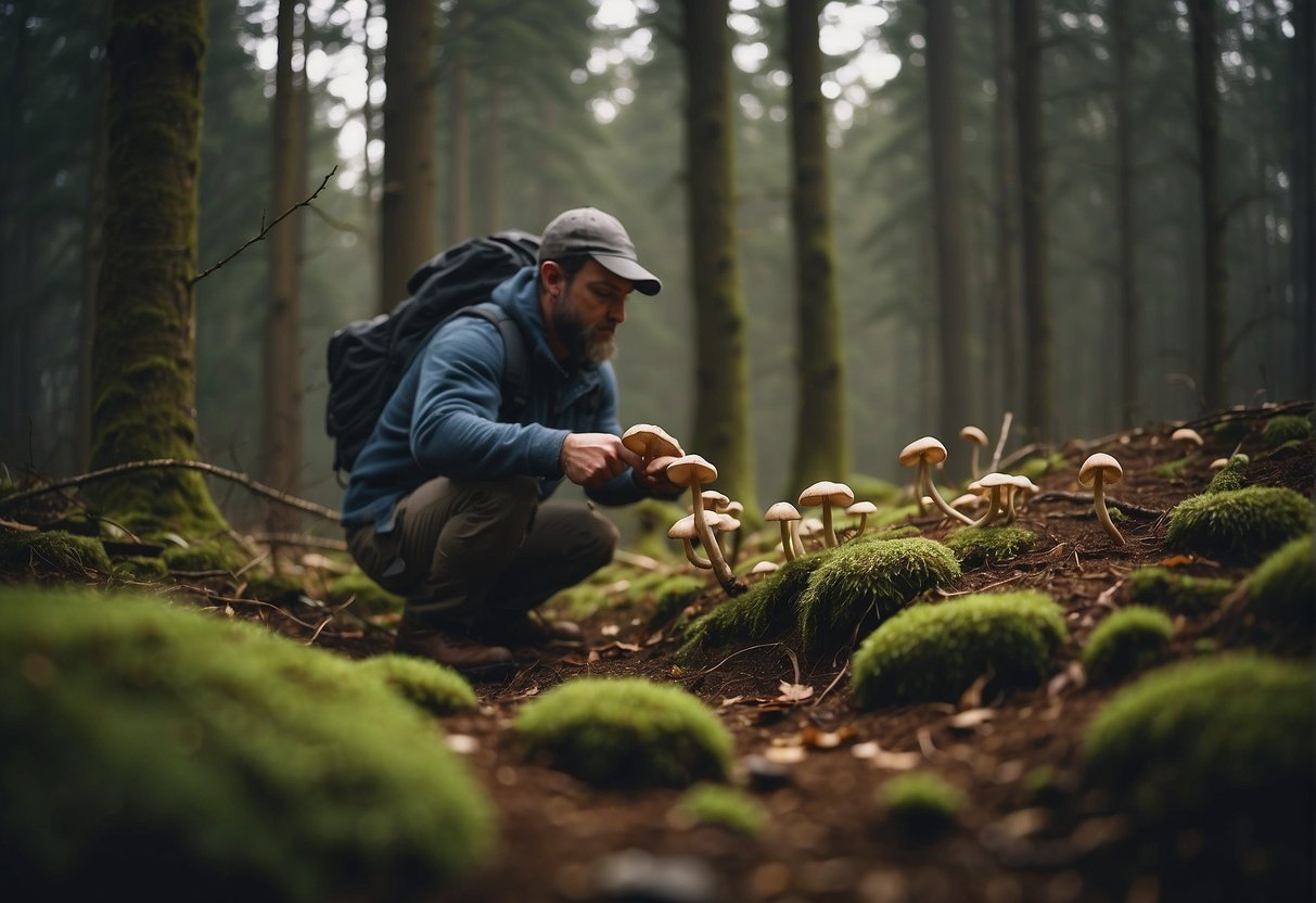 Mushroom hunters scouring forest floor for fungi