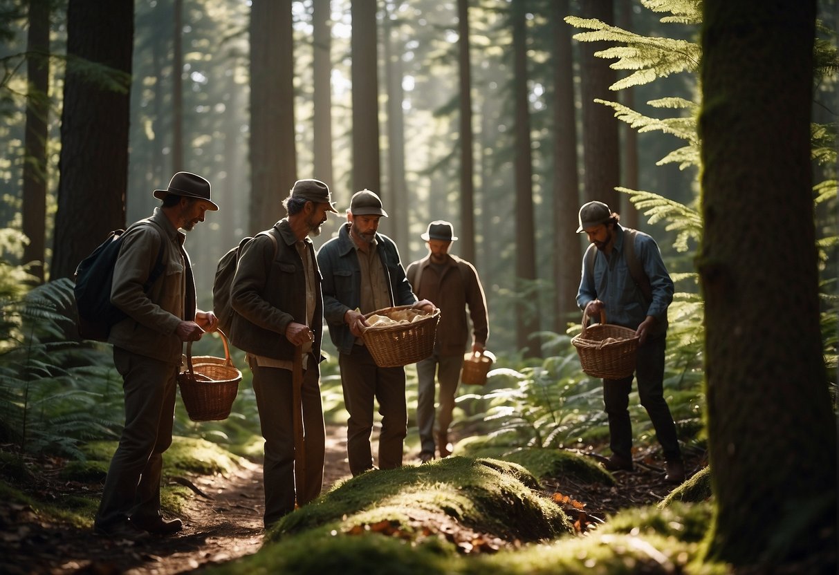 A group of foragers navigate through a dense forest, searching for mushrooms. The dappled sunlight filters through the trees, casting shadows on the forest floor. The foragers carry baskets and tools as they carefully inspect the ground for their elusive quarry