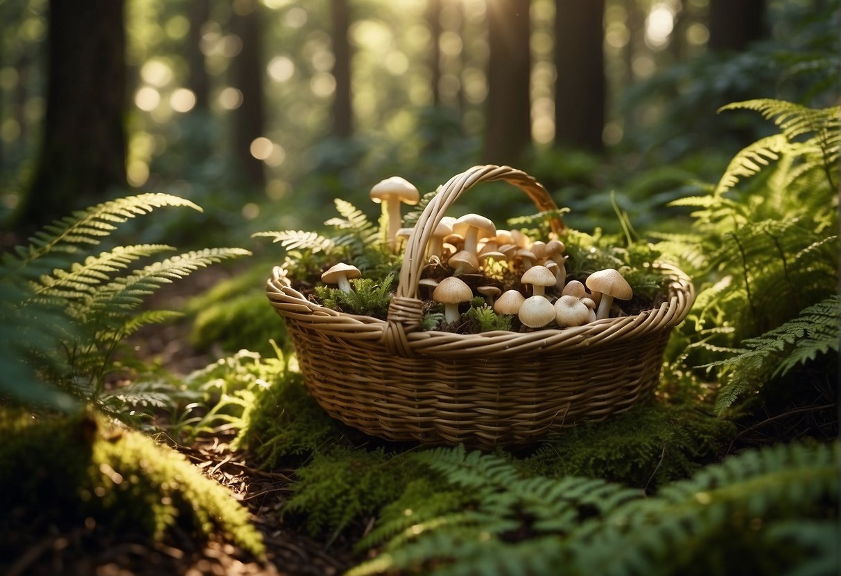 A basket overflows with freshly picked mushrooms, nestled among ferns and moss in a dappled forest clearing. Sunlight filters through the trees, casting a warm glow on the scene