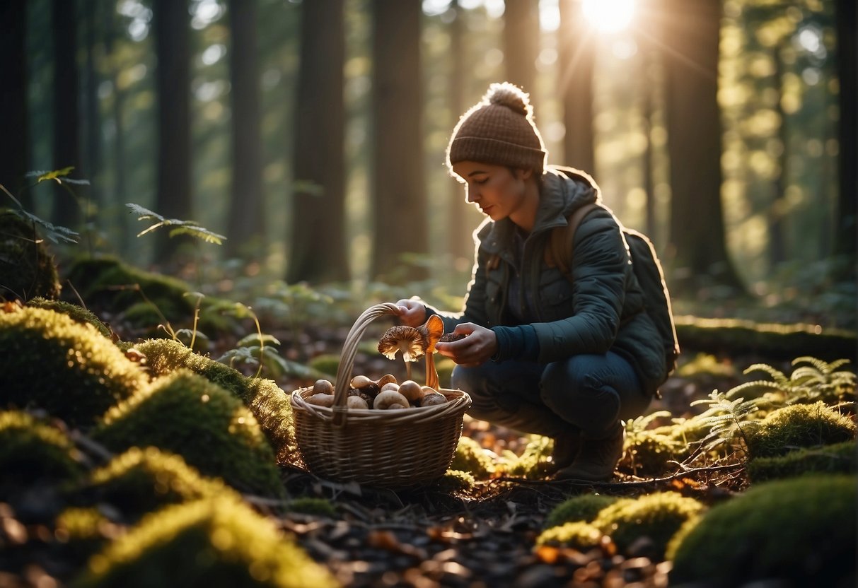 A person kneeling in a forest, examining a cluster of wild mushrooms. A basket and foraging tools lie nearby. Sunlight filters through the trees