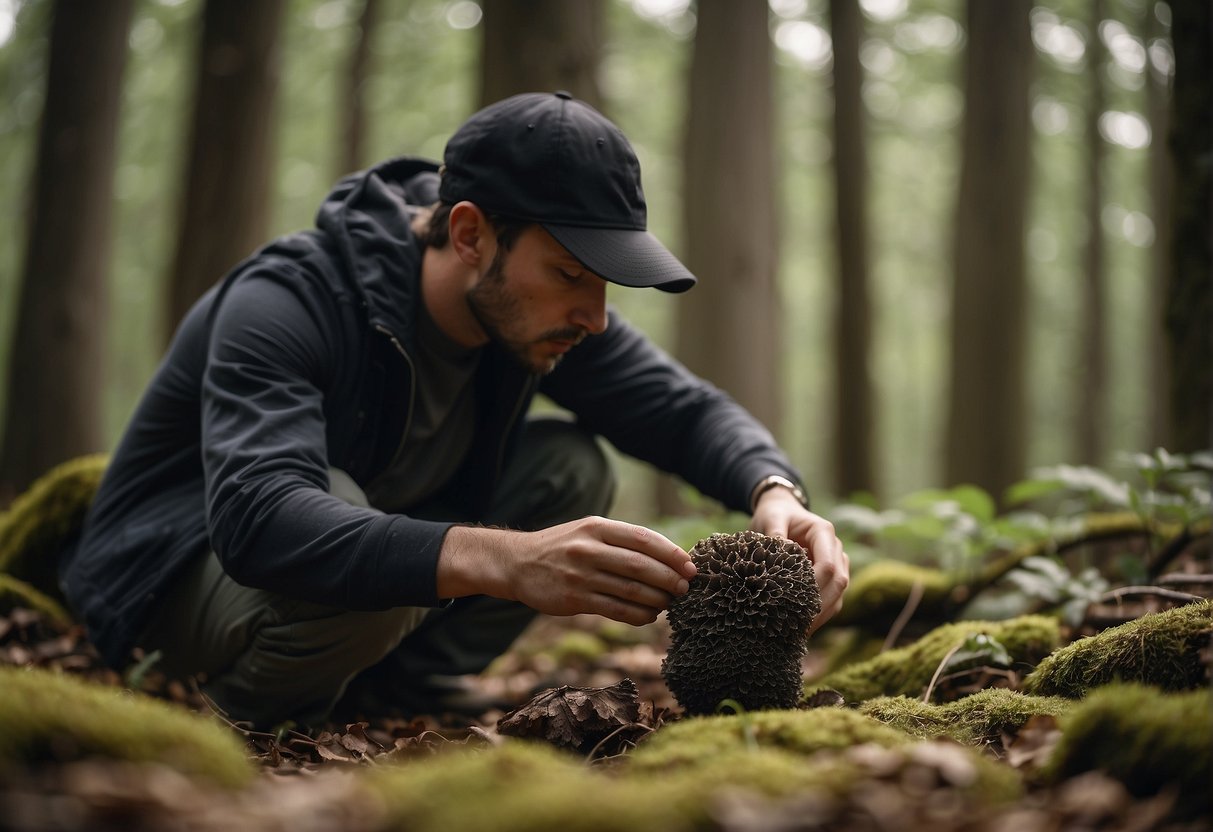 A person gathers black morel mushrooms in a forest. The mushrooms are plentiful and easily accessible
