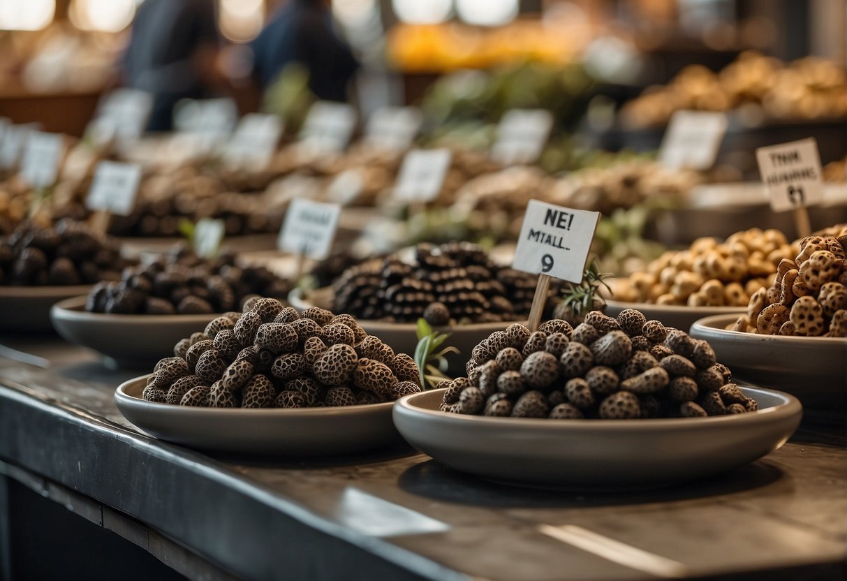 A bustling market with fresh black morel mushrooms displayed on tables, with price signs indicating the current market trends and pricing