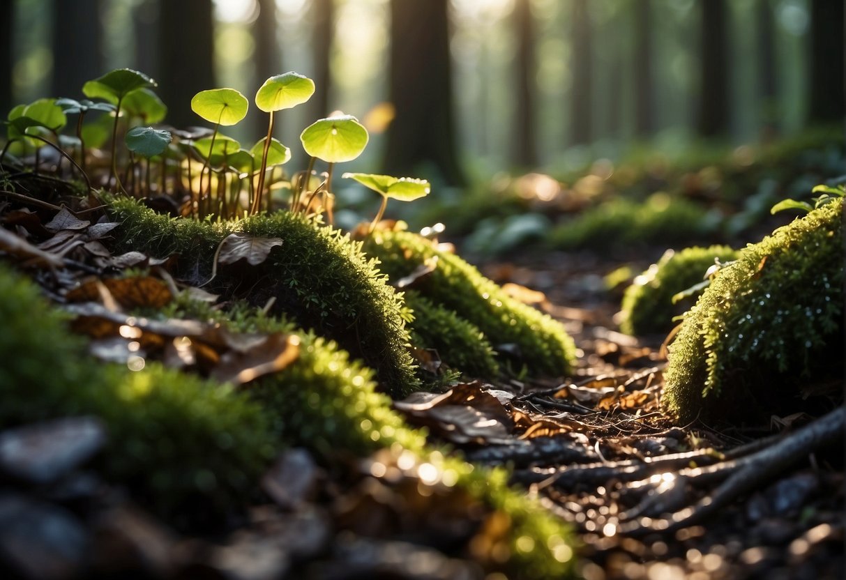Lush forest floor, damp with early morning dew. Sunlight filters through the canopy, casting dappled shadows. Fallen leaves and decaying wood provide the perfect habitat for mushrooms to thrive