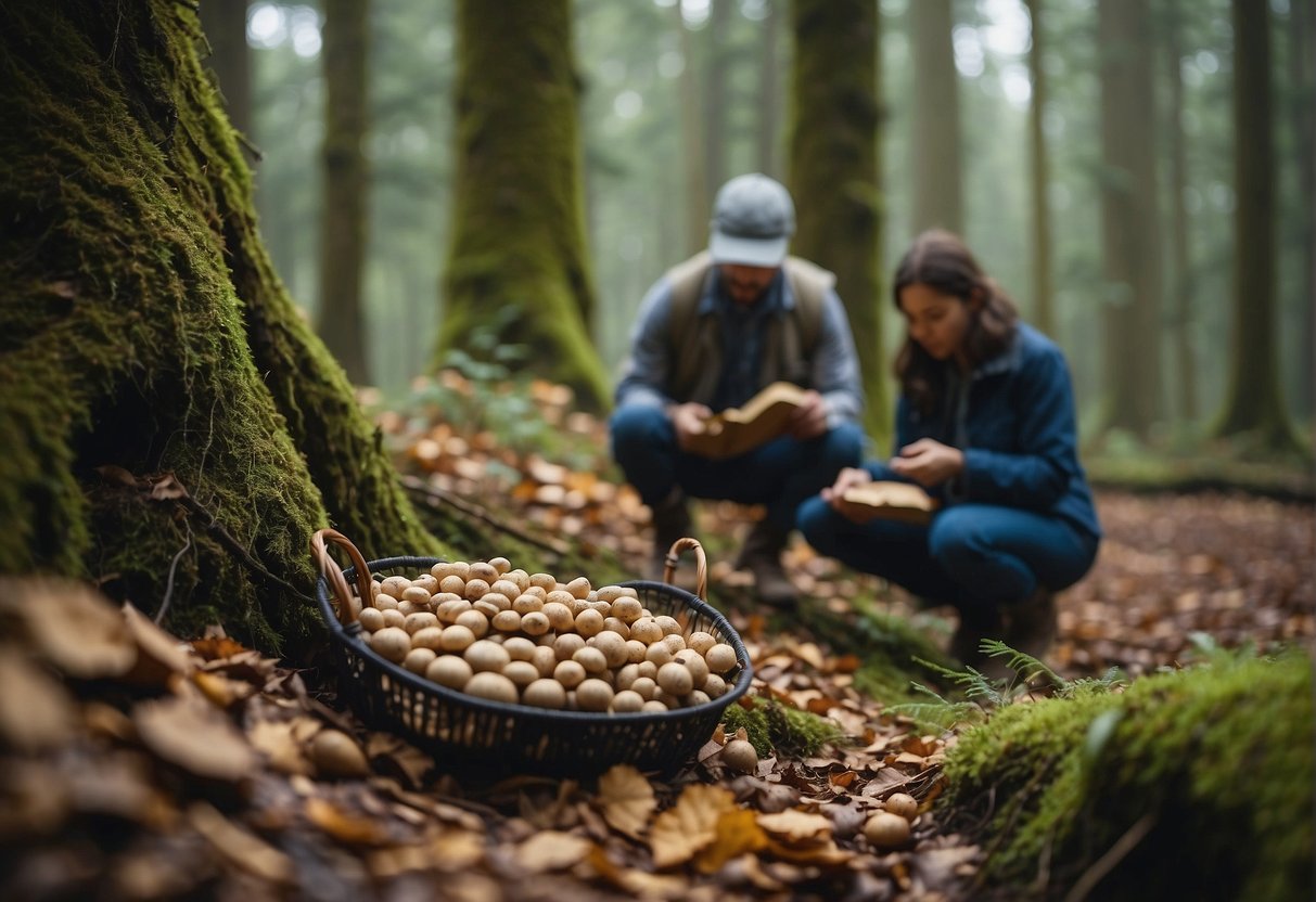 Mushroom foragers gather baskets and field guides in a lush forest. The ground is covered in fallen leaves, and the air is cool and damp
