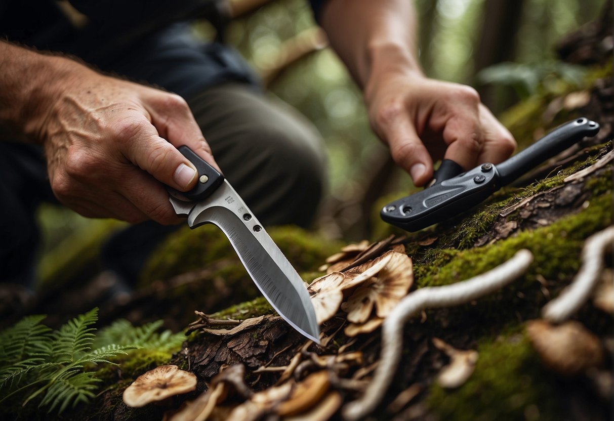 A hand reaches for a sturdy, curved blade among a collection of mushroom hunting knives, carefully examining the handle and blade for the perfect tool