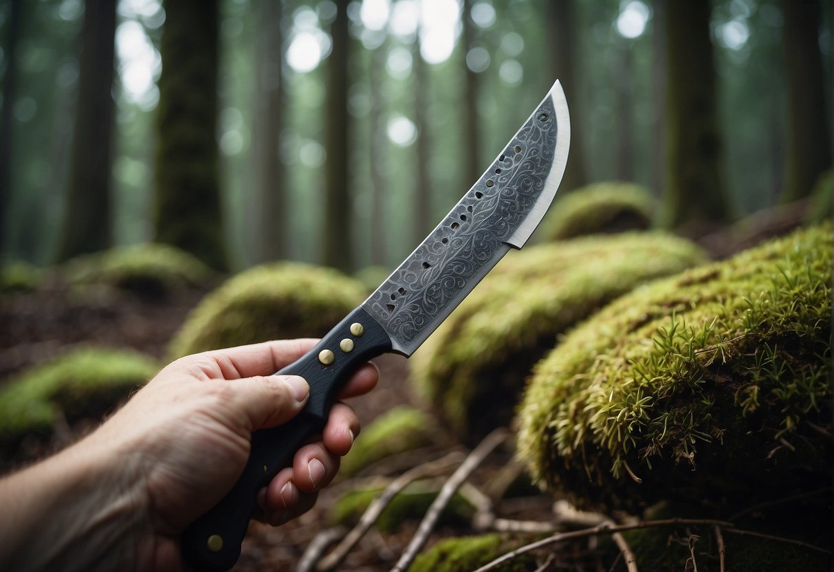 A hand holding a mushroom hunting knife, carefully slicing through the forest underbrush, searching for elusive fungi