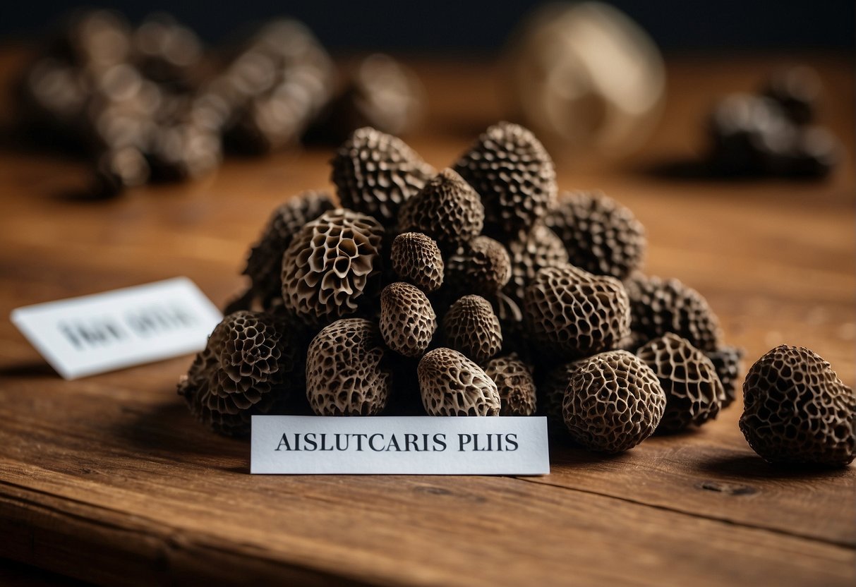 A pile of black morel mushrooms on a wooden table with a price tag next to them