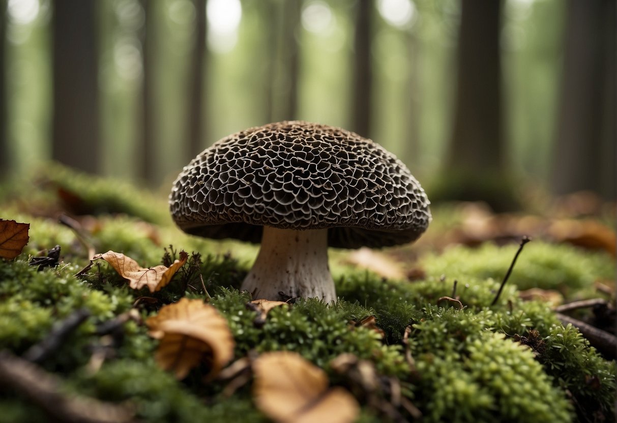 A black morel mushroom sits on a bed of green moss, surrounded by fallen leaves and twigs in a forest clearing