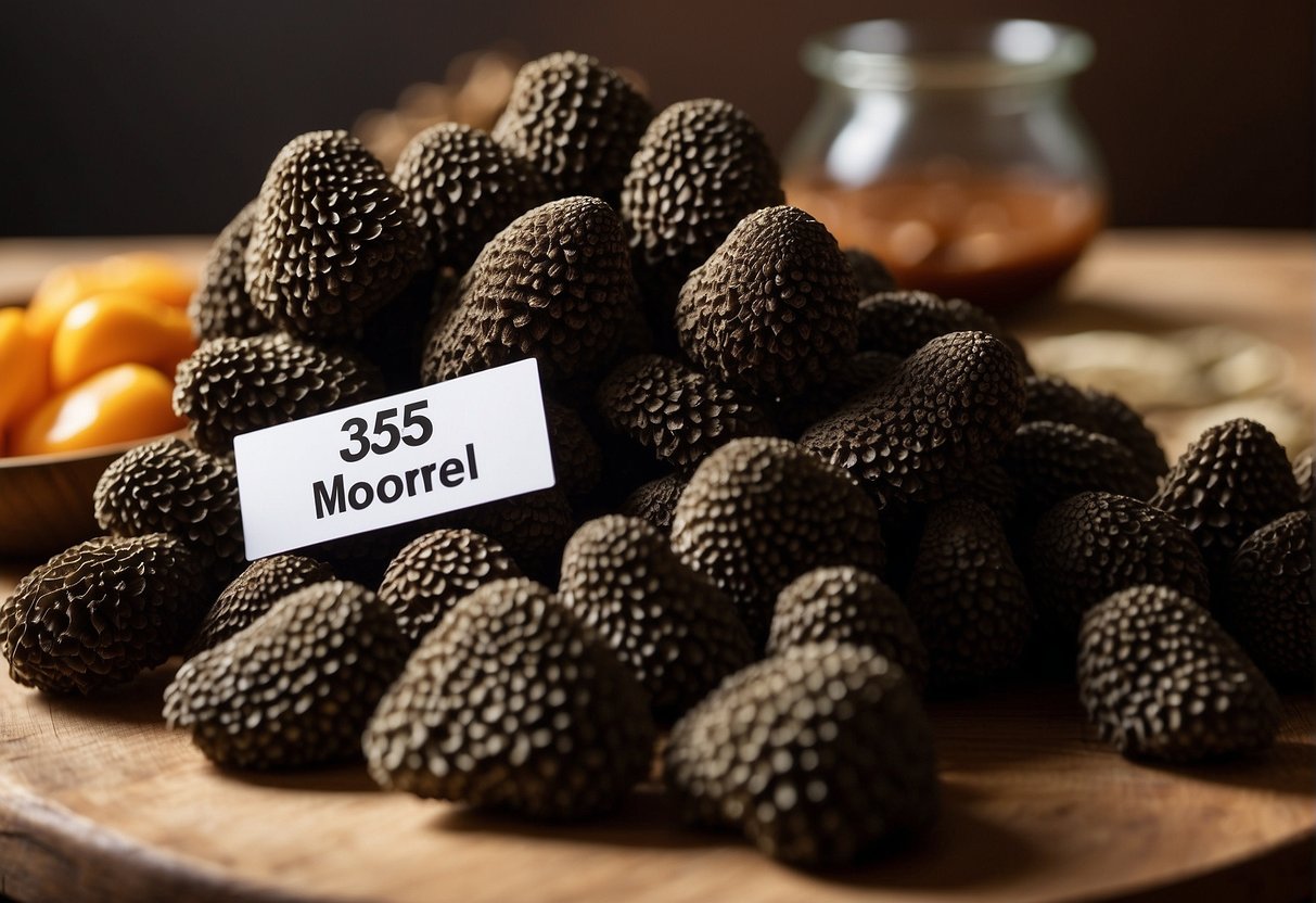 A pile of black morel mushrooms displayed with a price tag, highlighting their culinary significance