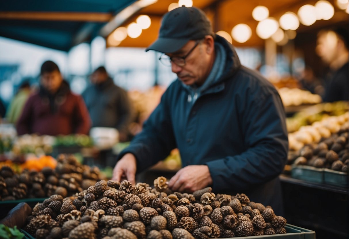 A bustling market with vendors displaying and pricing fresh black morel mushrooms. Customers inspecting and purchasing the sought-after delicacy