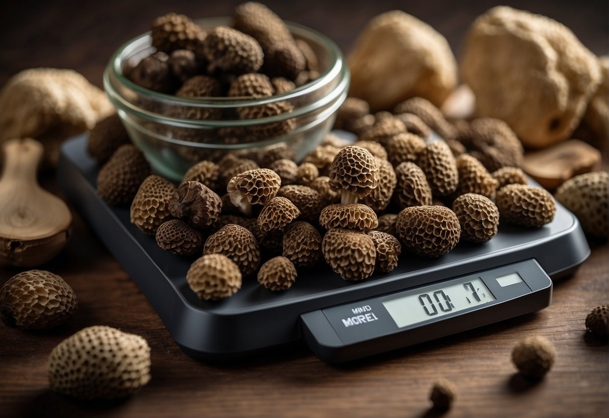 A scale with a pile of fresh morel mushrooms, labeled with the cost per pound