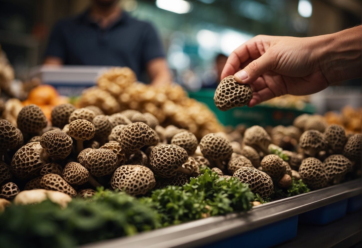 A hand reaches for a pound of morel mushrooms at a market stall. The mushrooms are then carefully stored in a refrigerator to maintain their freshness