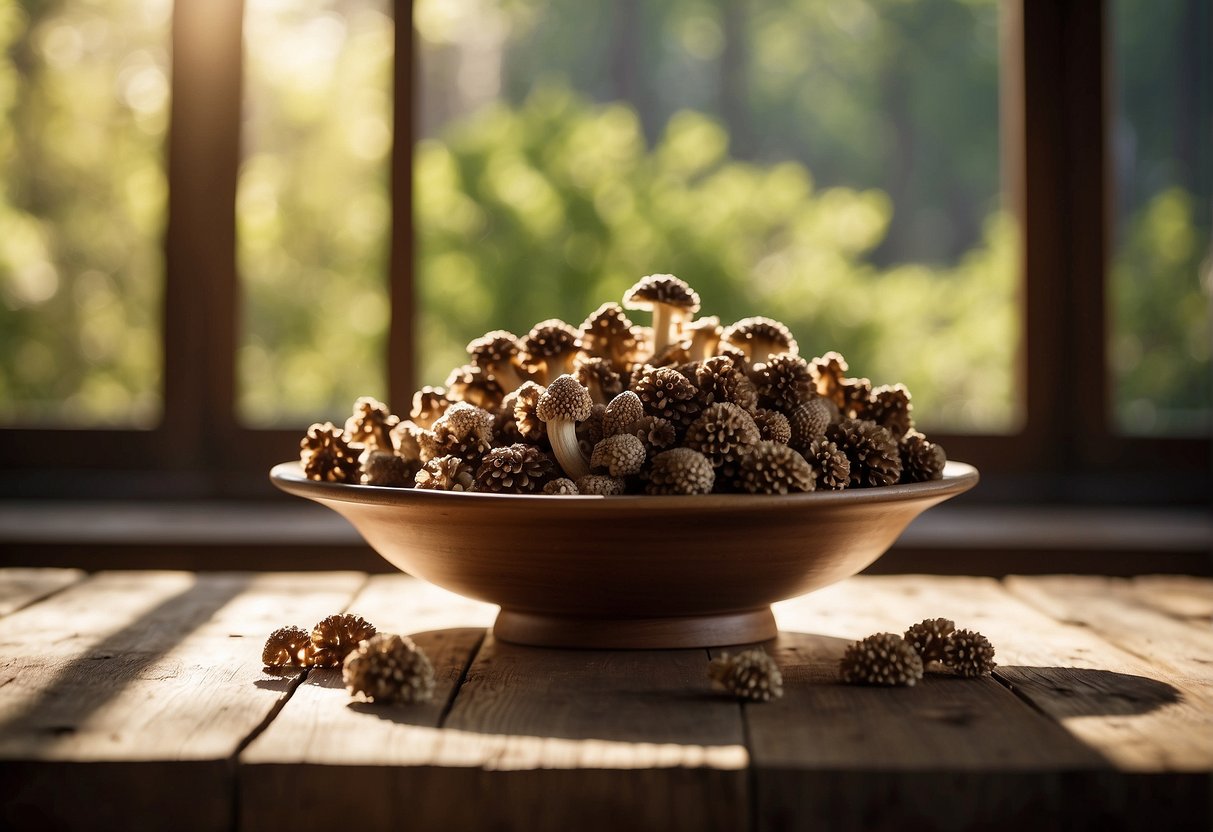 A table covered in morel mushrooms, scattered on a rustic wooden surface, with dappled sunlight streaming through a nearby window