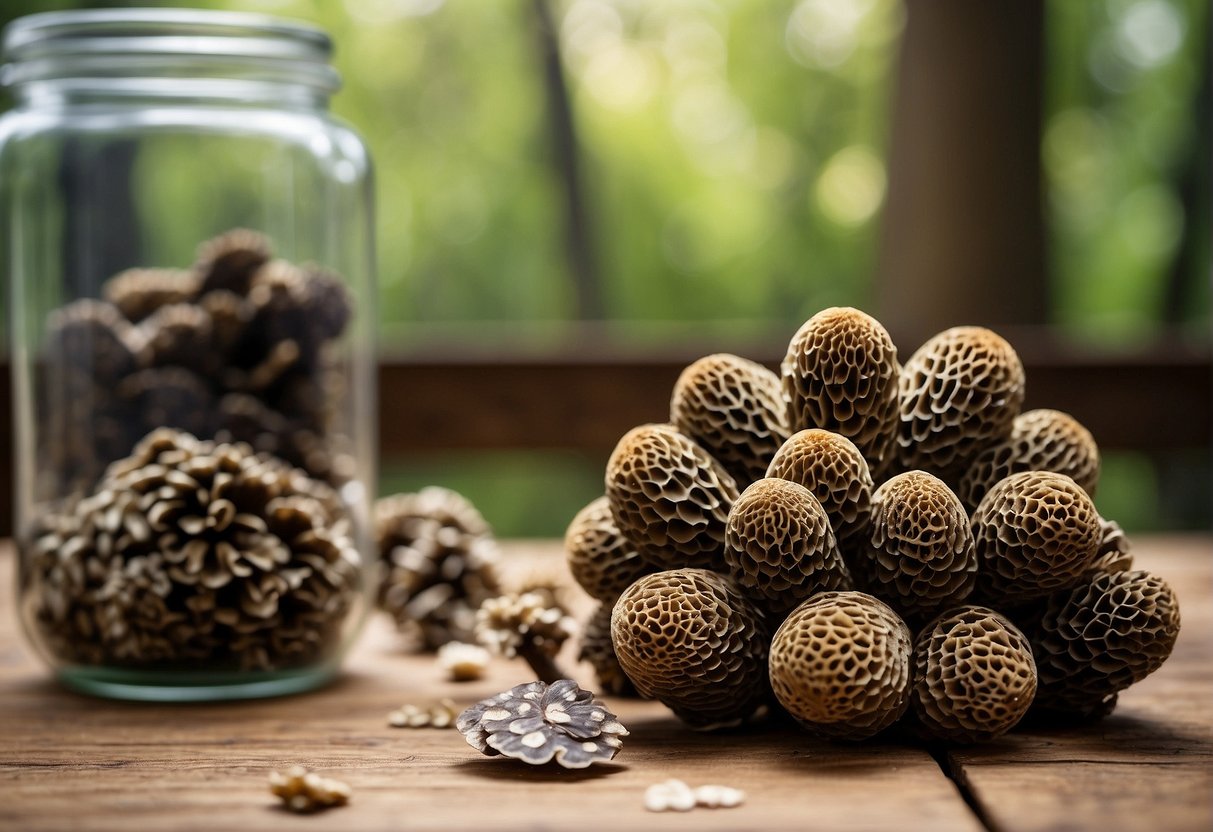 A pile of morel mushrooms arranged on a wooden table, with a price tag next to them