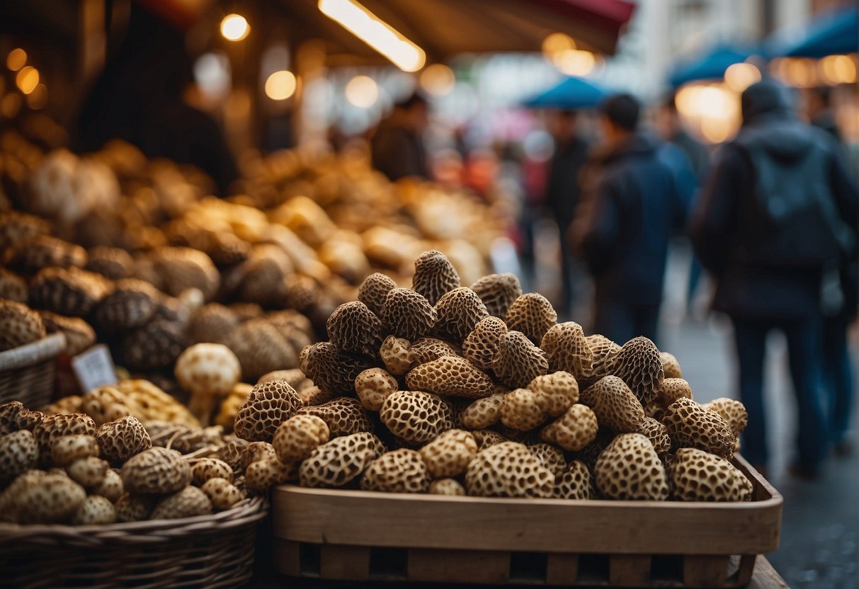 Busy market with vendors selling morel mushrooms. Prices fluctuate as buyers negotiate. Atmosphere is lively with haggling and transactions