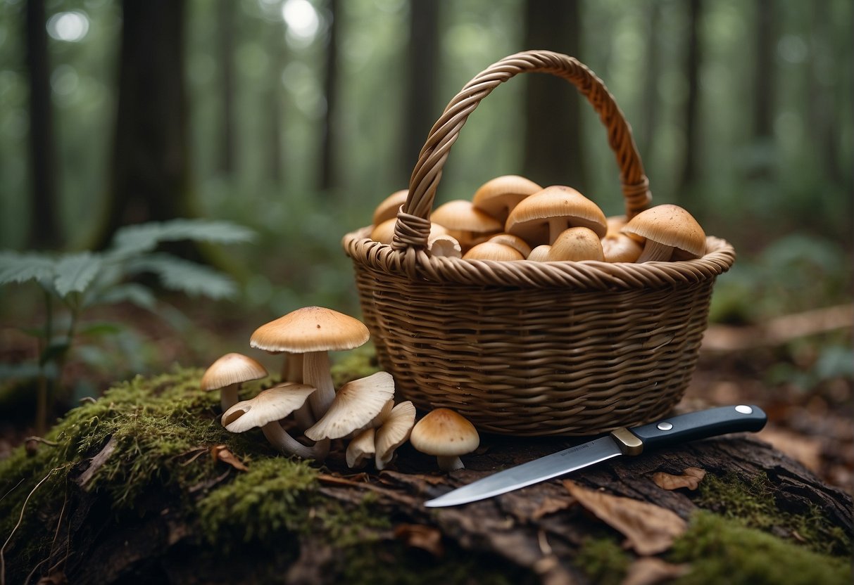 A basket, knife, and guidebook lay next to a cluster of mushrooms in the forest
