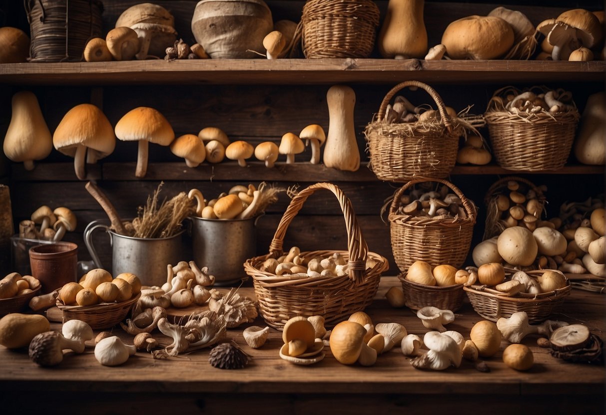 Mushroom hunting supplies being sorted and cleaned after harvest. Baskets, knives, and brushes are arranged on a wooden table