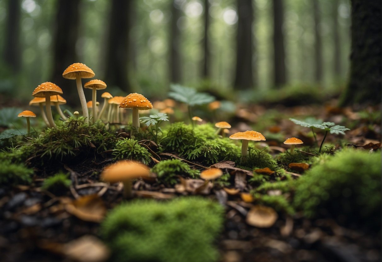 Lush forest floor with fallen leaves, damp soil, and patches of moss. A scattering of mushrooms of various shapes and sizes peeking out from under the foliage