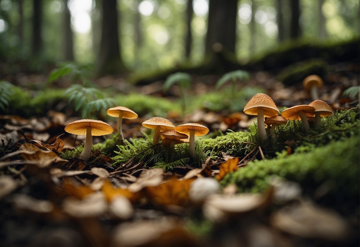 Lush forest floor, dappled sunlight, fallen leaves. Mushrooms of various shapes and sizes peeking out from the underbrush