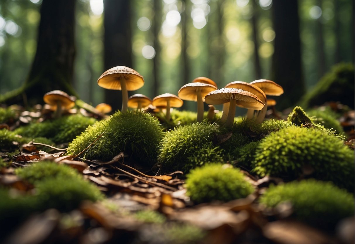 Lush forest floor with fallen leaves and moss-covered trees. Sunlight filters through the canopy, illuminating clusters of wild mushrooms in various shapes and colors