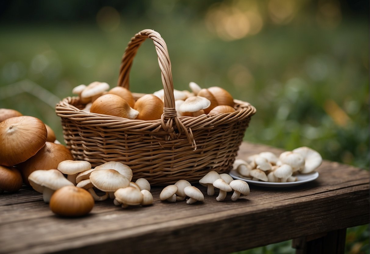 A table holds a wicker basket, a knife, and a field guide. Mushrooms of various shapes and sizes are scattered around