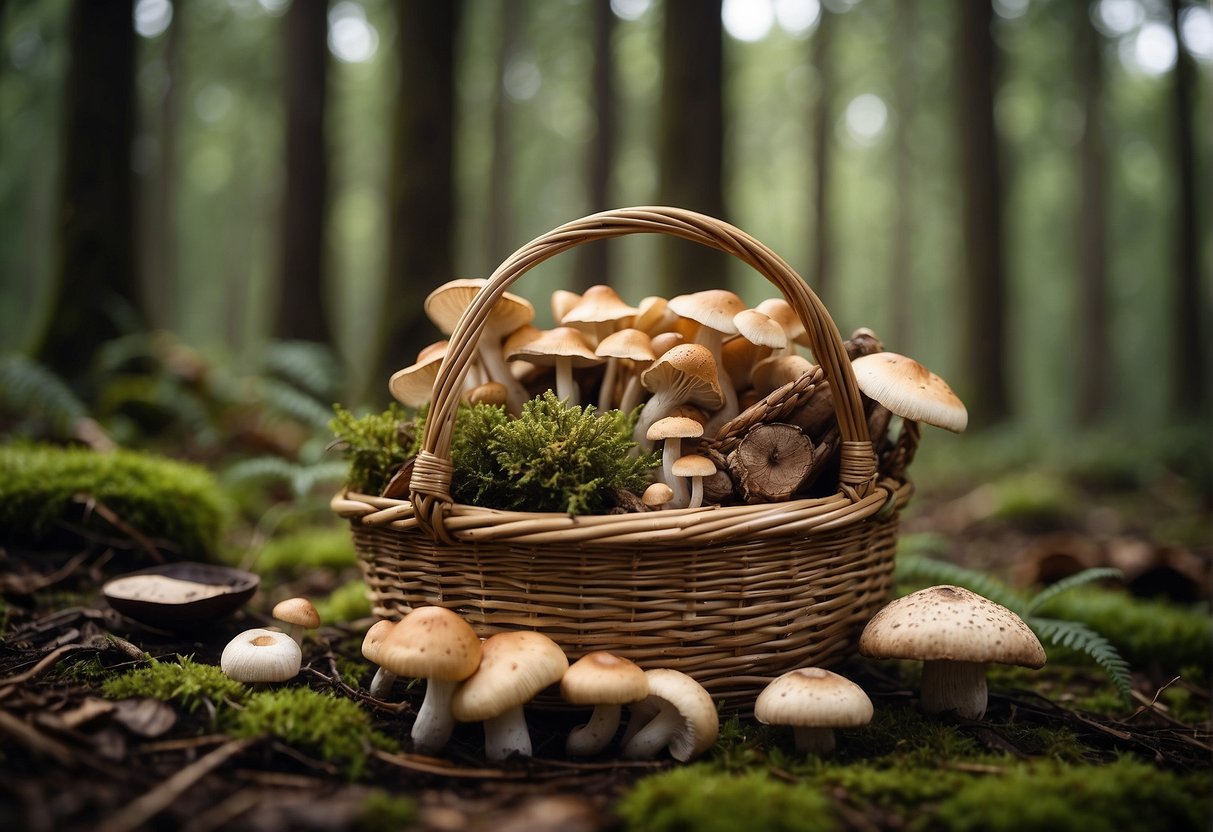 Mushroom foraging supplies arranged on forest floor. Baskets, knives, and field guides. Ethical practices emphasized