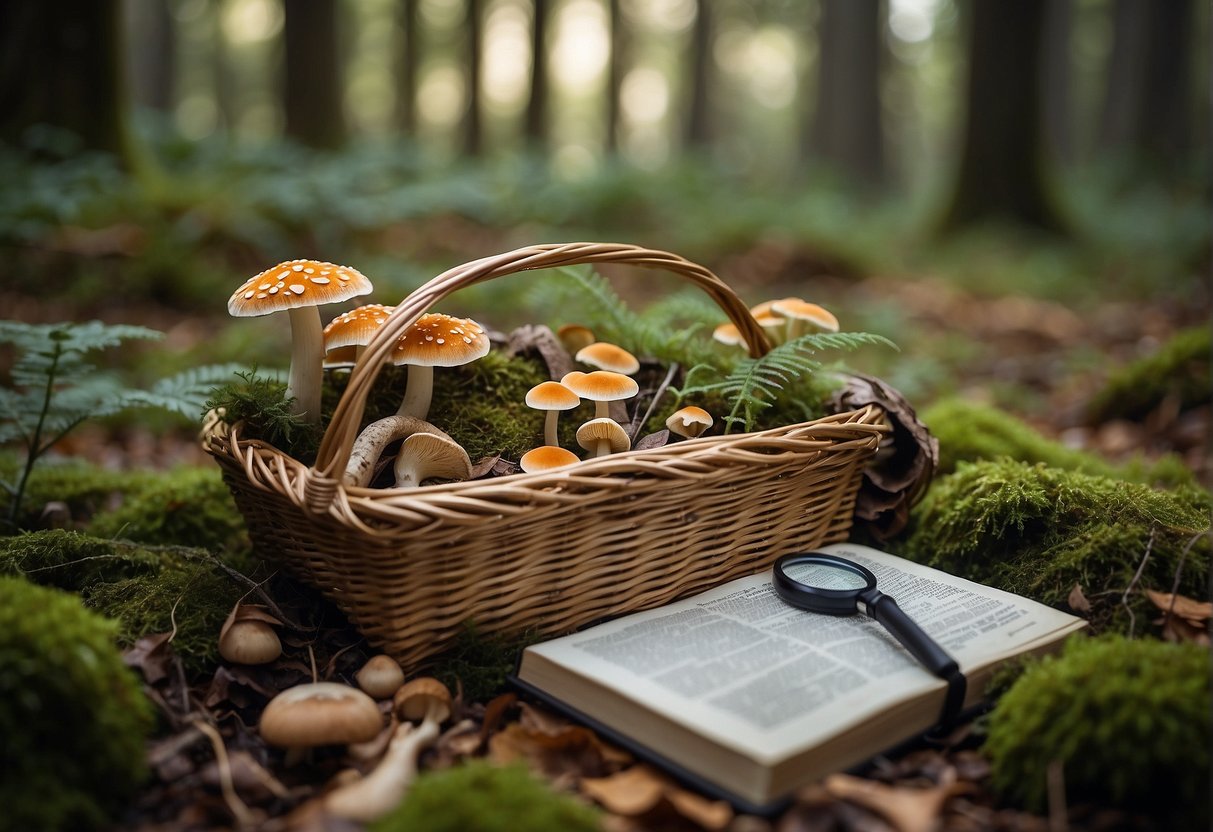 A basket filled with foraging tools, a magnifying glass, and a guidebook lay on the forest floor surrounded by various mushrooms