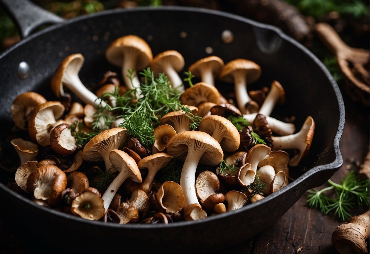Wild mushrooms gathered in a forest, cleaned and sliced. They are being sautéed in a pan with garlic and herbs
