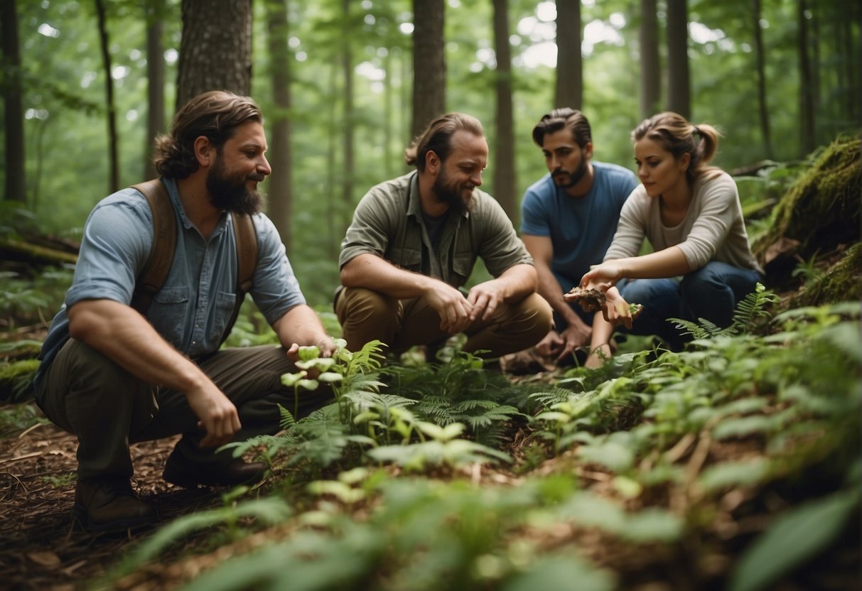 Local community members gather in the lush Virginia forest, carefully foraging for wild mushrooms. They work together to protect the environment and ensure sustainable harvesting practices