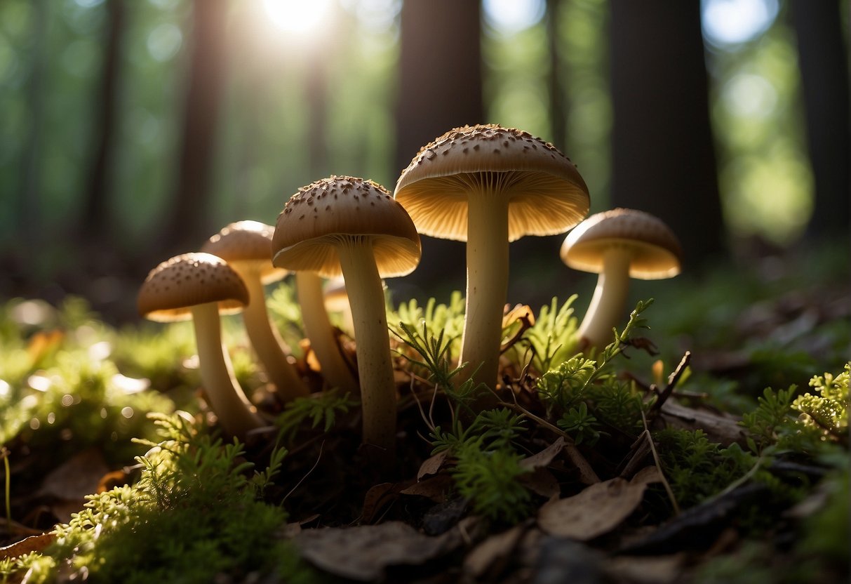 A cluster of porcini mushroom look-alikes sprout from the forest floor, their round caps and thick stems casting shadows in the dappled sunlight