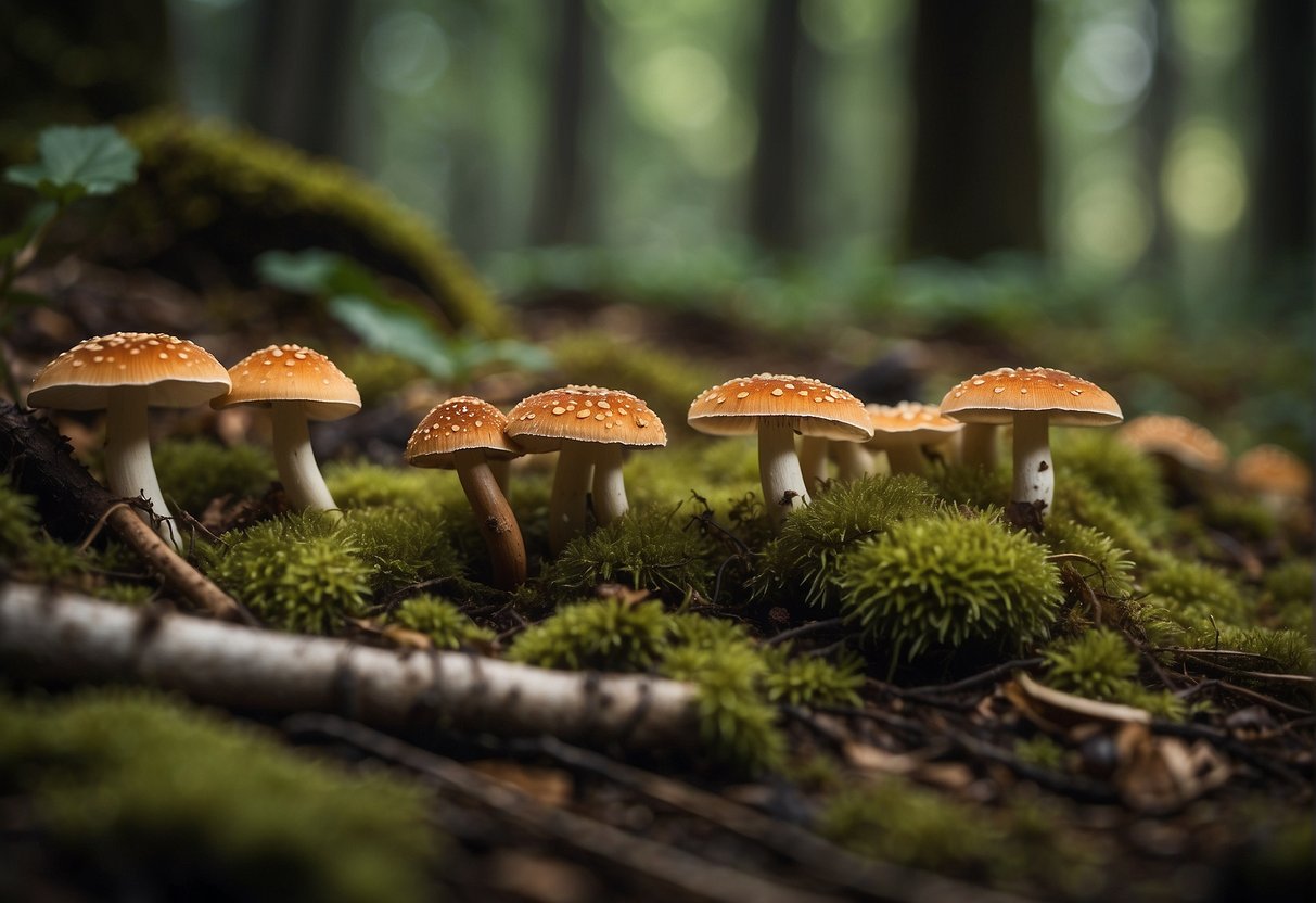 A forest floor with various mushrooms, including poisonous look-alikes to porcini mushrooms
