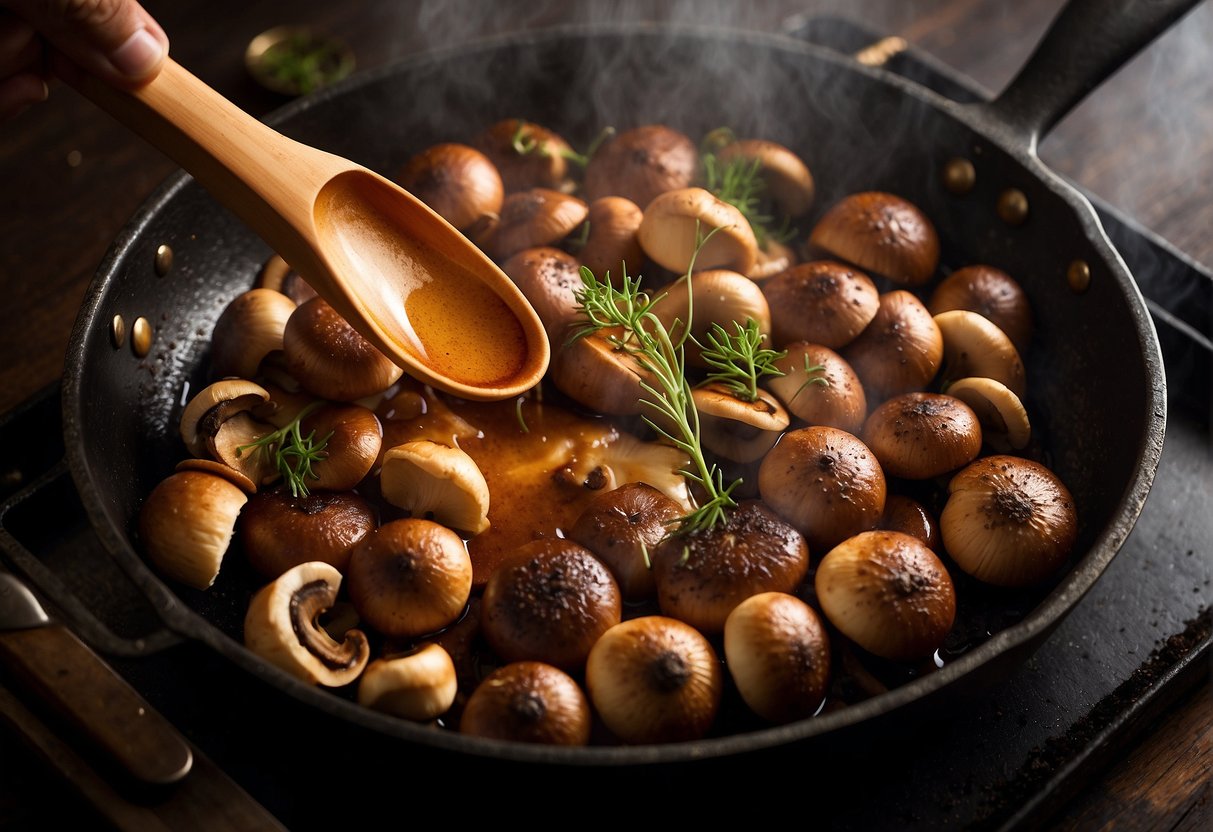 A chef sautés porcini mushrooms in a sizzling pan, releasing a rich, earthy aroma. The mushrooms are golden brown with a meaty texture, ready to be used in a savory dish