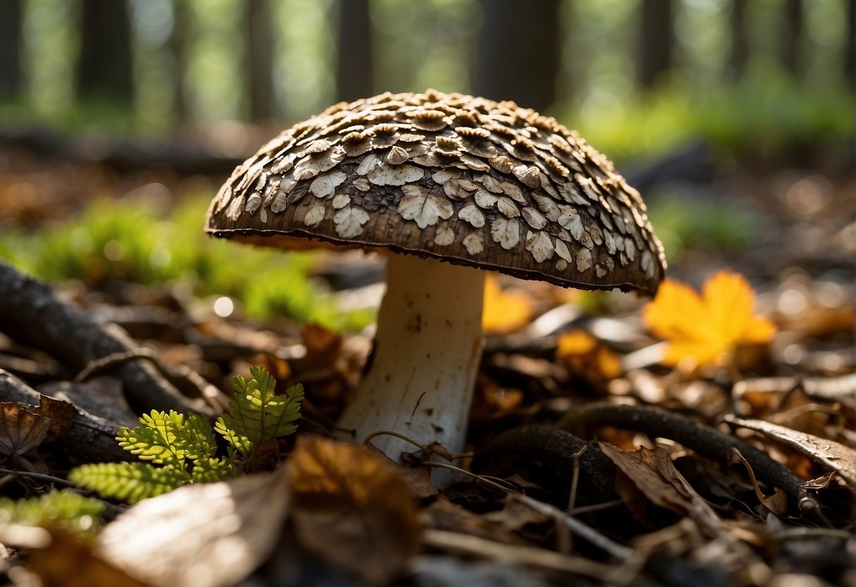 A forest floor with dappled sunlight, fallen leaves, and decaying wood, with a golden morel mushroom nestled among the debris
