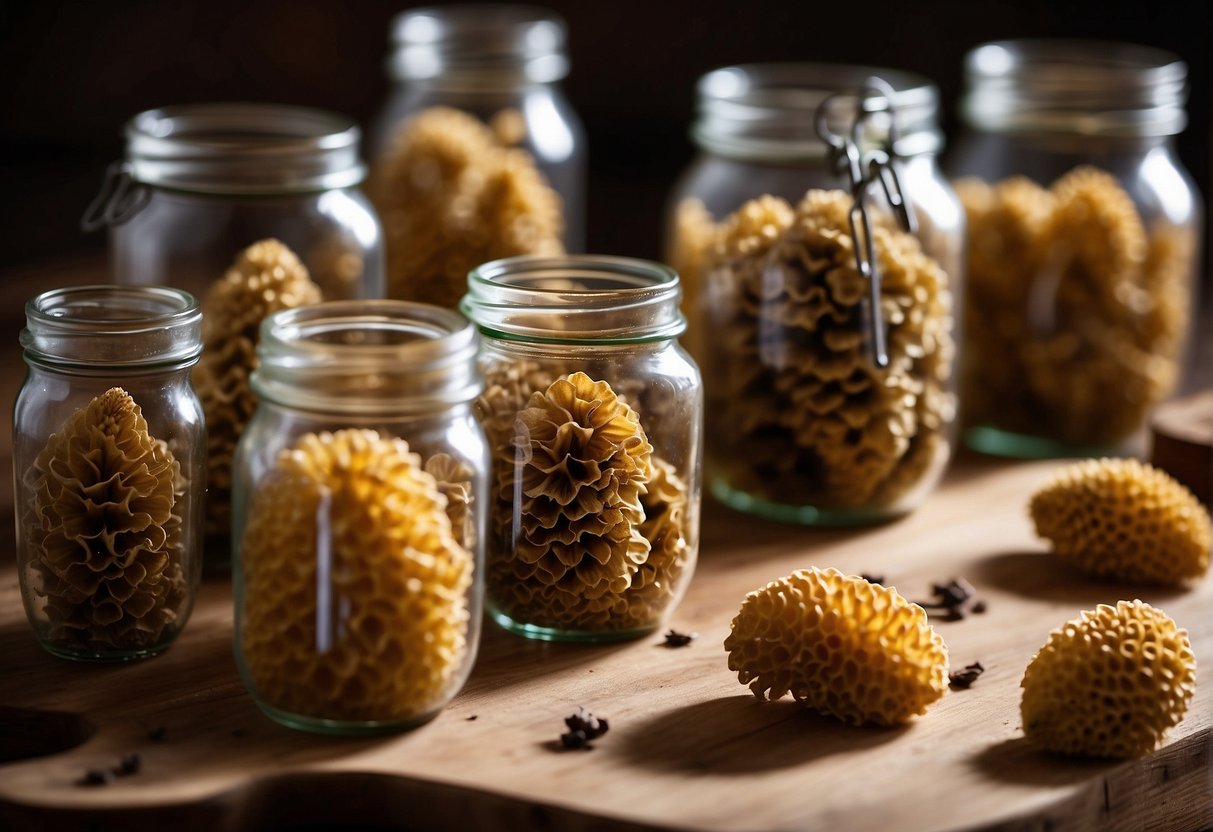 Golden morels being sliced for culinary use, while others are being carefully preserved in jars with vinegar and spices