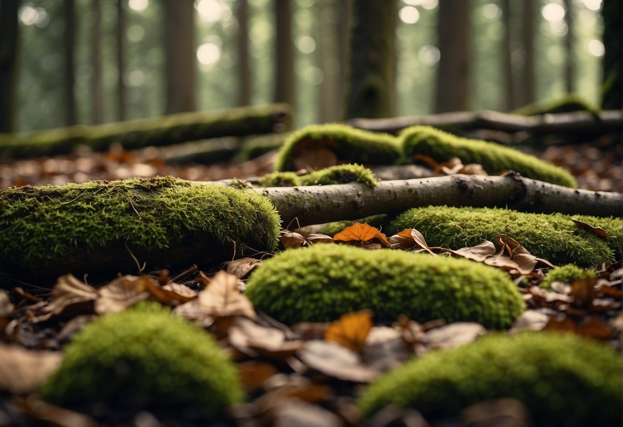 A forest floor with fallen leaves and mossy logs, dappled with sunlight filtering through the trees, creating the perfect environment for mushrooms to grow