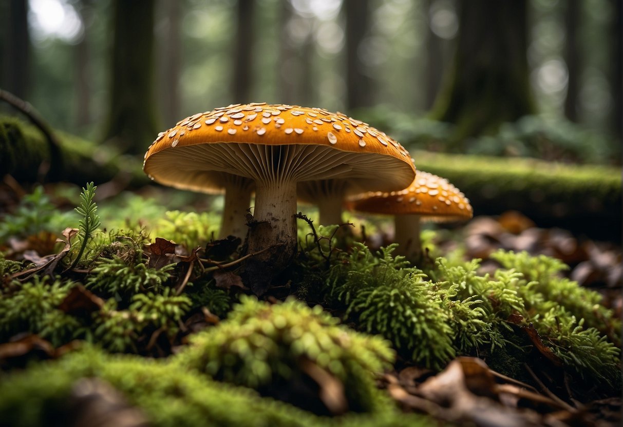 A forest floor with dappled sunlight, fallen leaves, and moss-covered logs. Various types of mushrooms sprout from the ground and tree trunks, creating a diverse and vibrant scene for foragers