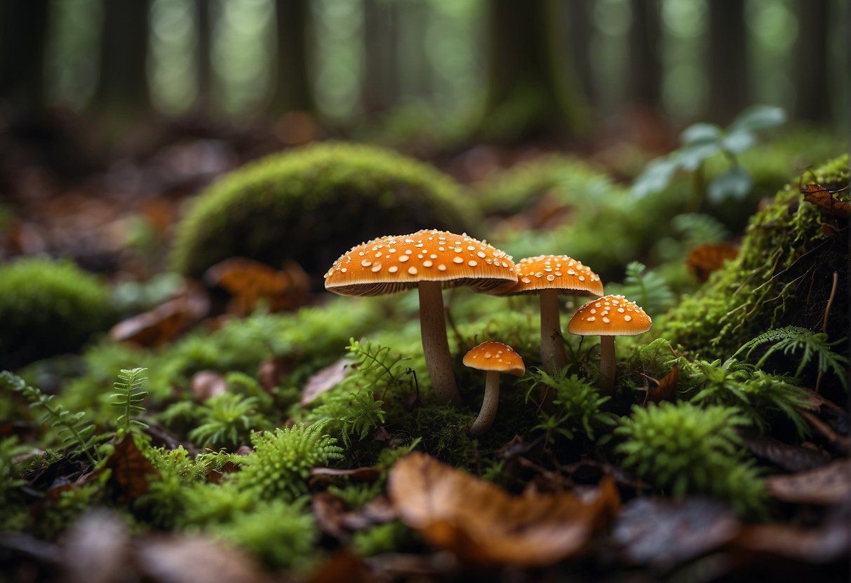 Vibrant mushrooms sprout from the forest floor, nestled among fallen leaves and moss. A variety of shapes, sizes, and colors offer a visual feast