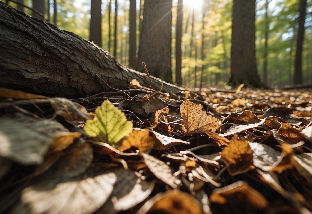 Forest floor with leaf litter and fallen branches. Map of Missouri with marked morel hunting spots. Sunlight filtering through the trees