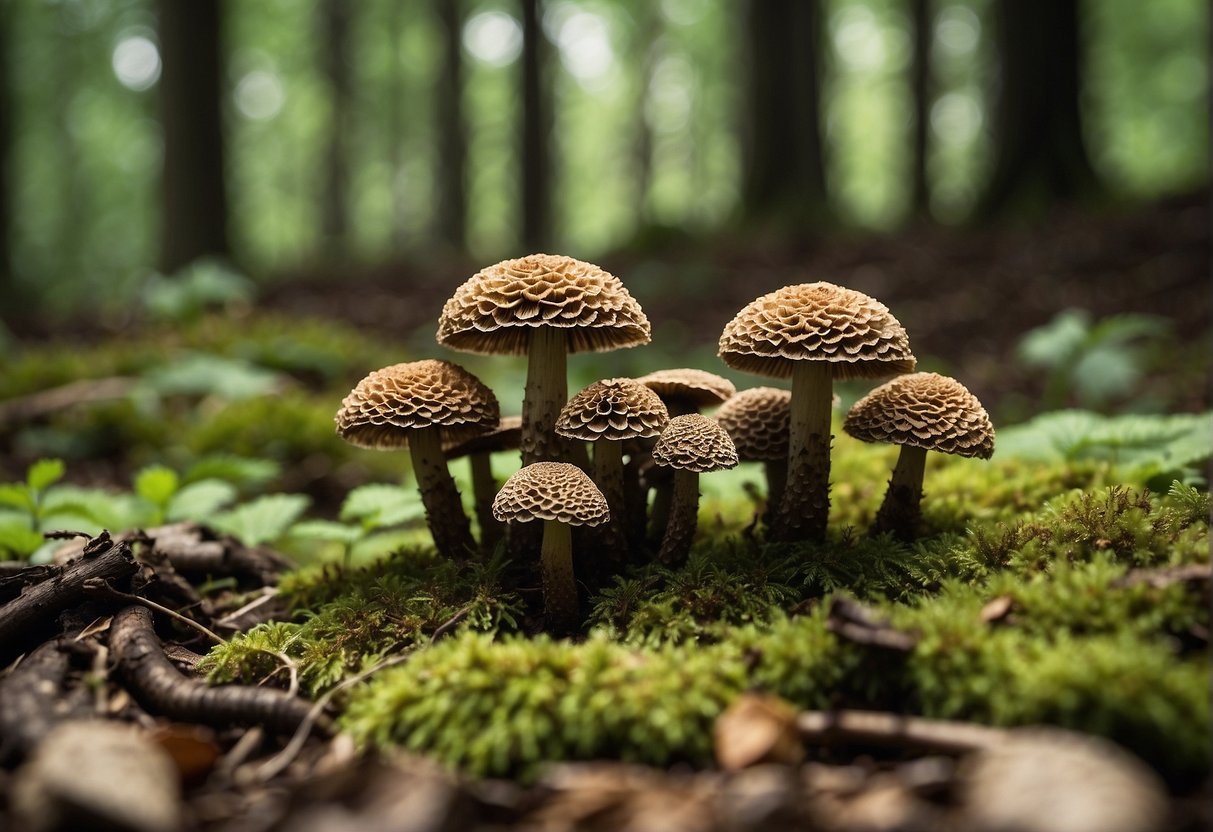 Lush forest floor with scattered West Virginia morels