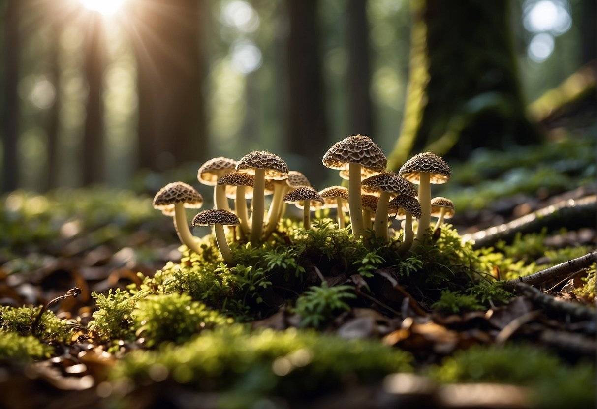 A lush forest floor with fallen leaves and moss, dappled sunlight filtering through the trees. A cluster of morel mushrooms emerging from the earth